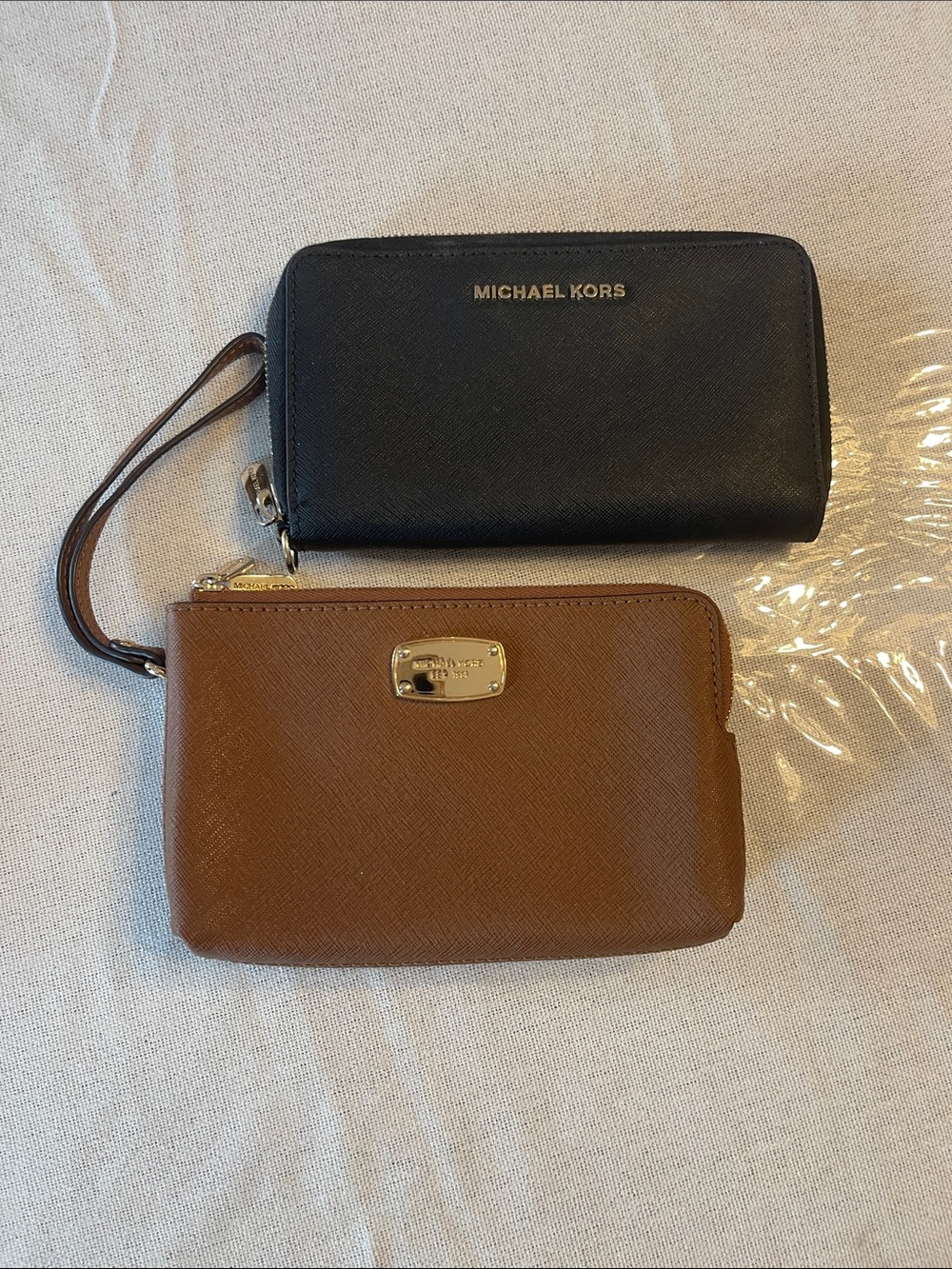 Michael Kors Black Zip Wristlet with Brown Coin Pouch